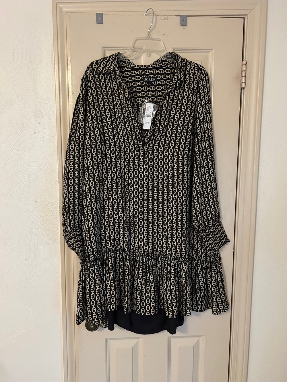 J. Crew Black & Cream Chain-Print Ruffle Tunic